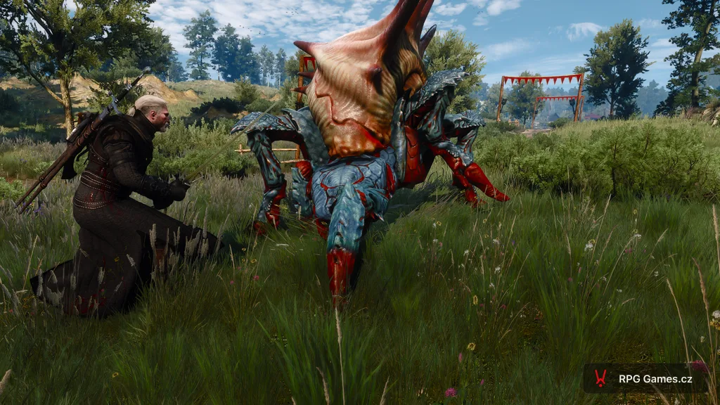 Geralt se stříbrným mečem proti obrněnému krabopavoukovi na louce u cesty — šnečí krunýř a modrý pancíř, Zaklínač 3