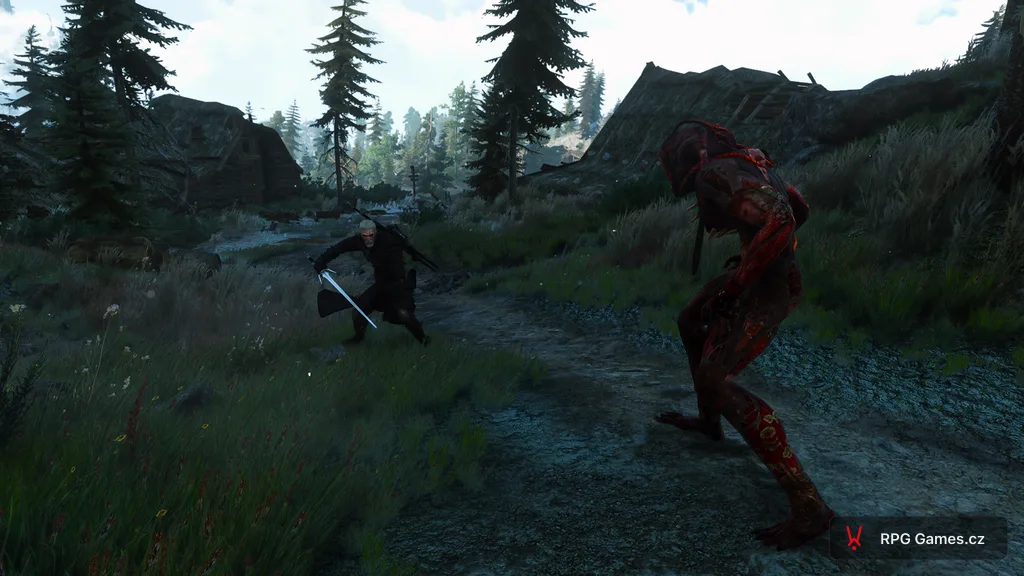 Geralt proti ohnilci na cestě mezi rozpadlými chalupami — stříbrný meč, Zaklínač 3