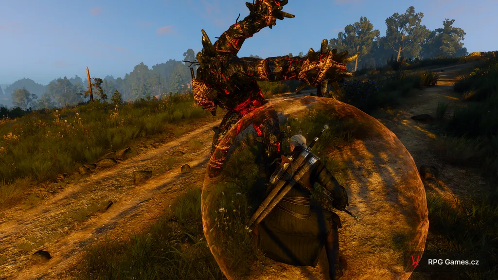 Geralt s Quenem proti ohnivému elementálovi na polní cestě — oranžový štít a žhavé praskliny v kamenném těle, Zaklínač 3