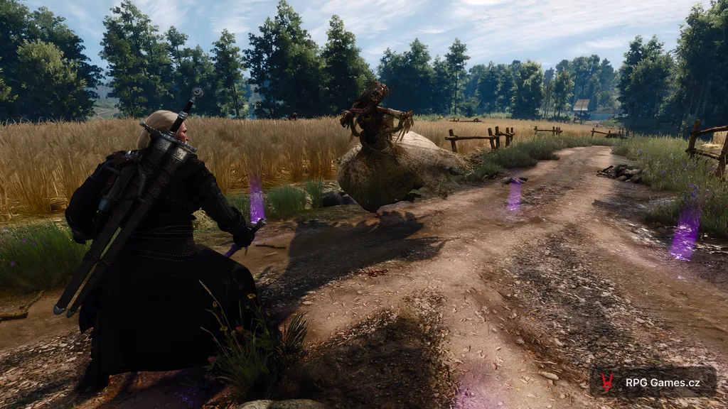 Polednice v bílé róbě uprostřed Yrden na cestě mezi poli — Geralt s mečem v pozadí, Zaklínač 3