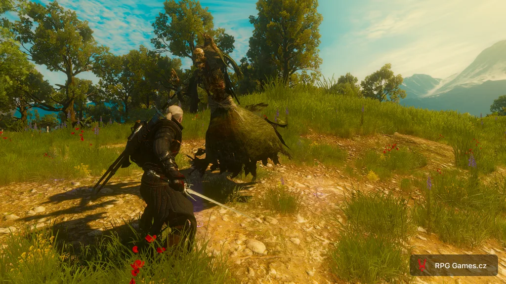Geralt v kruhu Yrden proti přeludu v potrhané róbě na poli — fialové znamení na zemi, Zaklínač 3