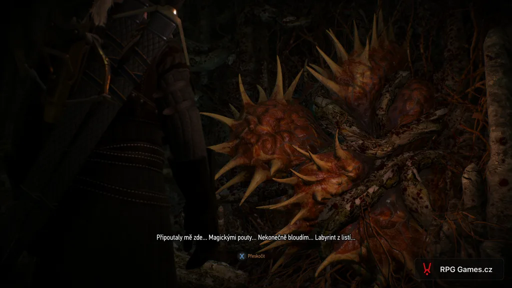 Duch ve stromě pod Šeptajícím pahorkem ve hře Zaklínač 3 — Geralt u magických pout v kořenech
