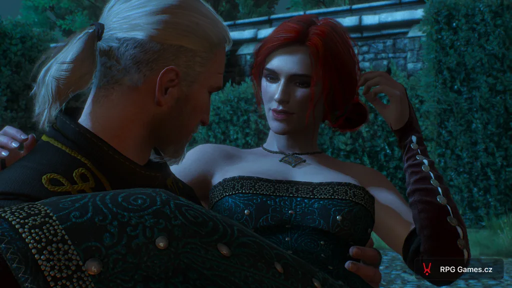 Triss Merigold v plesových šatech — Zaklínač 3, zahrada u statku Vegelbud