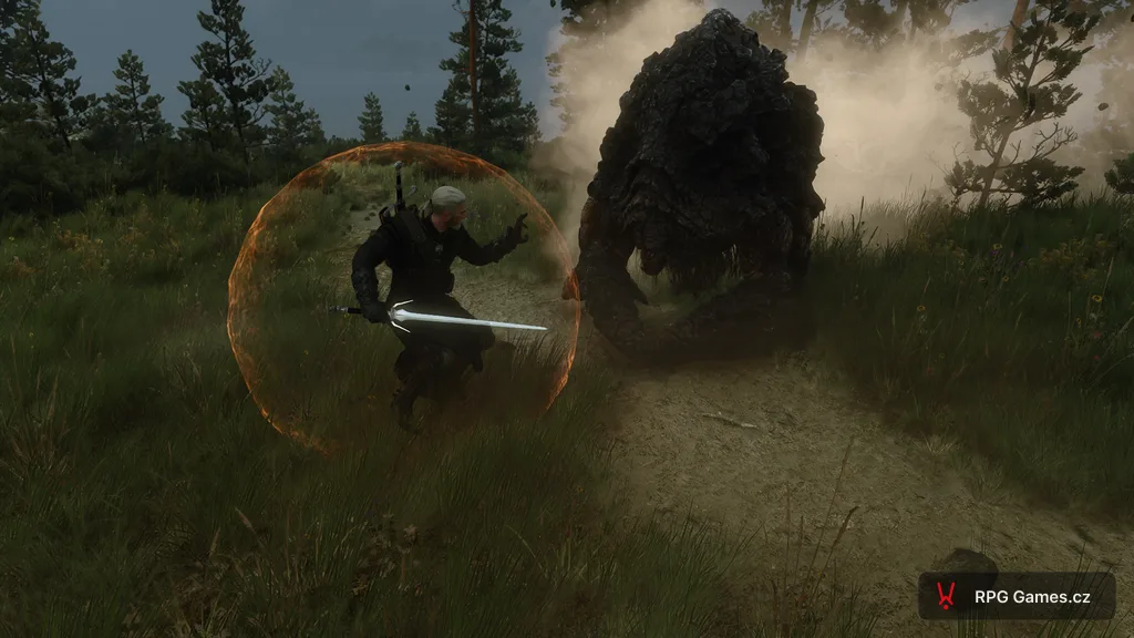 Geralt v Quenu proti šarlejovi — útok rozbíjí zem a zvedá prach, Zaklínač 3 Toussaint
