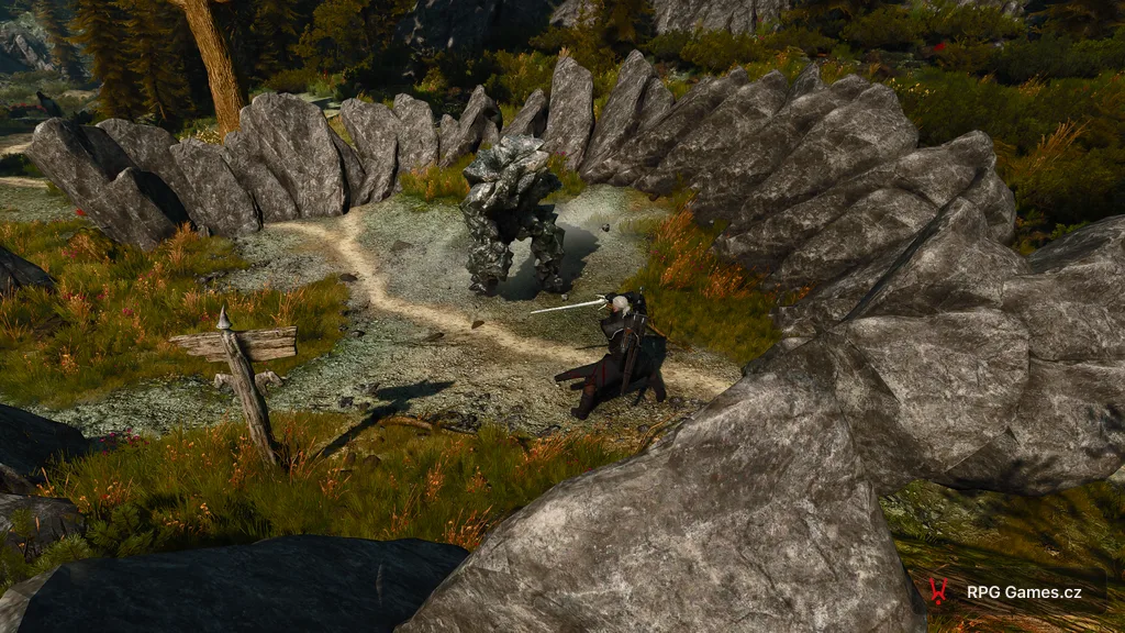 Geralt v boji s Therazeneem v kruhu skal — zemní elementál v aréně pod Moldavským sídlem, Zaklínač 3