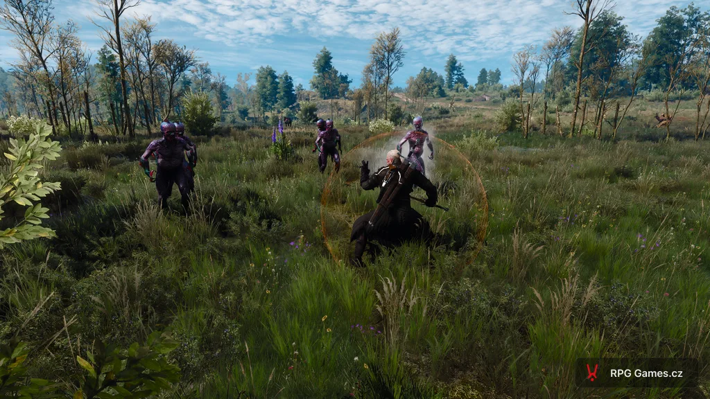 Geralt se štítem Quen bojuje se smečkou topivců na louce — čtyři topivci útočí zepředu i z boku, slunečný den, Zaklínač 3