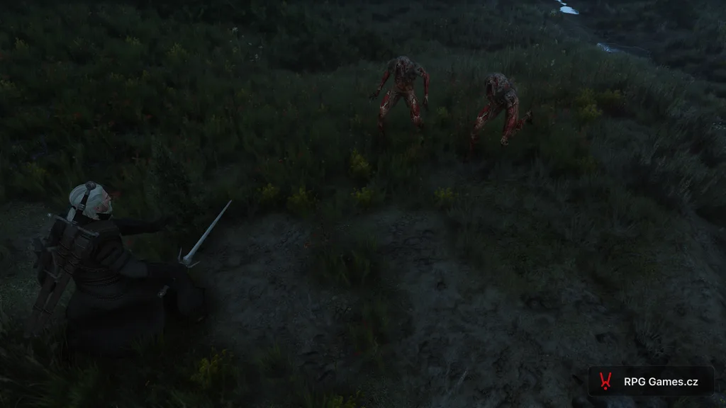 Geralt útočí stříbrným mečem na topivce uprostřed smečky — jiskry zásahu, bažinatá louka, Zaklínač 3