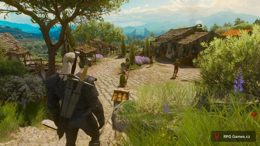Toussaint ve hře Zaklínač 3 — vinařská usedlost Corvo Bianco s NPC v dvoře