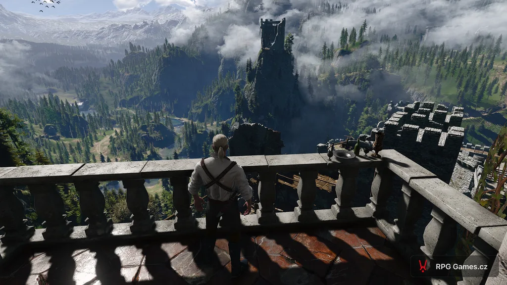 Geralt na balkoně Kaer Morhen v úvodním snu — výhled do údolí, Zaklínač 3