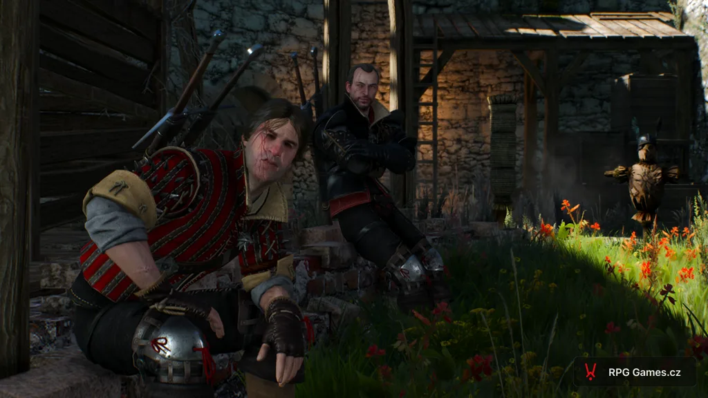 Eskel a Lambert na nádvoří Kaer Morhen v úvodním snu, Zaklínač 3