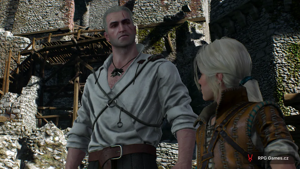 Geralt a mladá Ciri na cimbuří Kaer Morhen během úvodního snu, Zaklínač 3