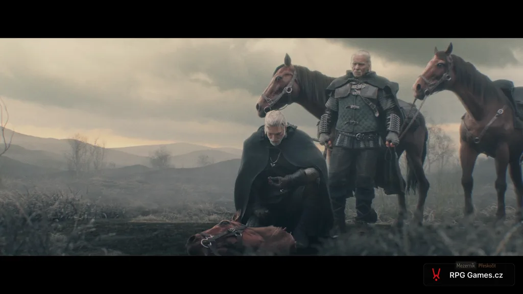 Geralt a Vesemir u mrtvého koně po probuzení ze snu — válkou zničená krajina, Zaklínač 3