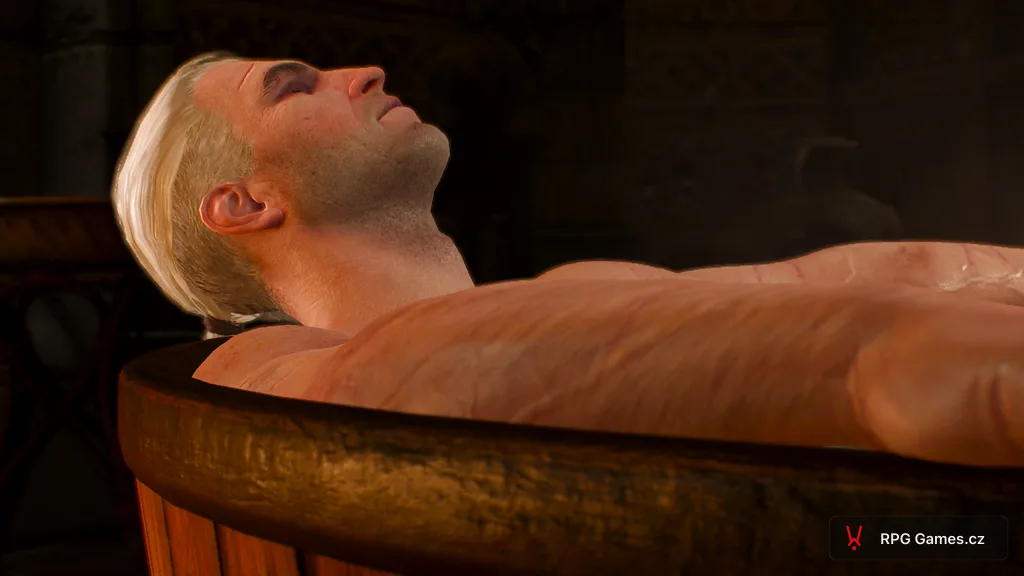 Geralt ve vaně v hostinském pokoji Kaer Morhen — začátek úvodního snu, Zaklínač 3