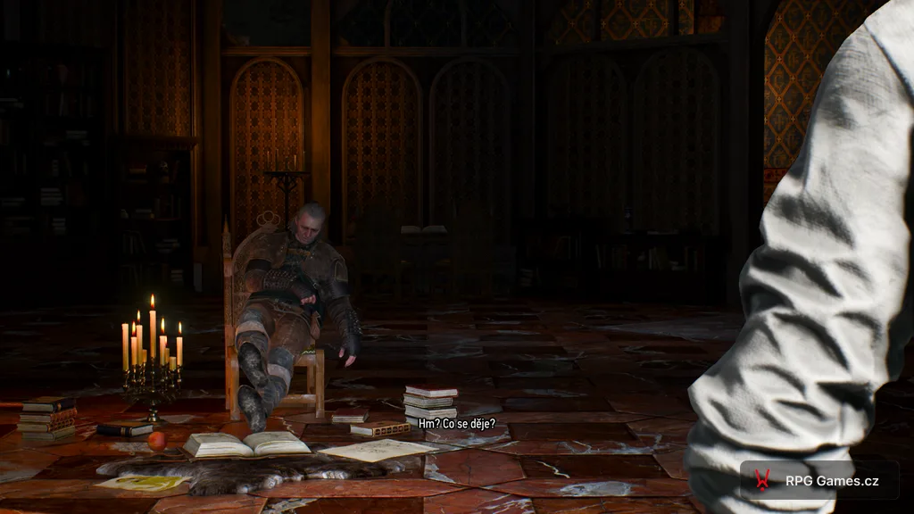Vesemir spí u knih o ghúlech a alghúlech v Kaer Morhen — úvodní sen, Zaklínač 3