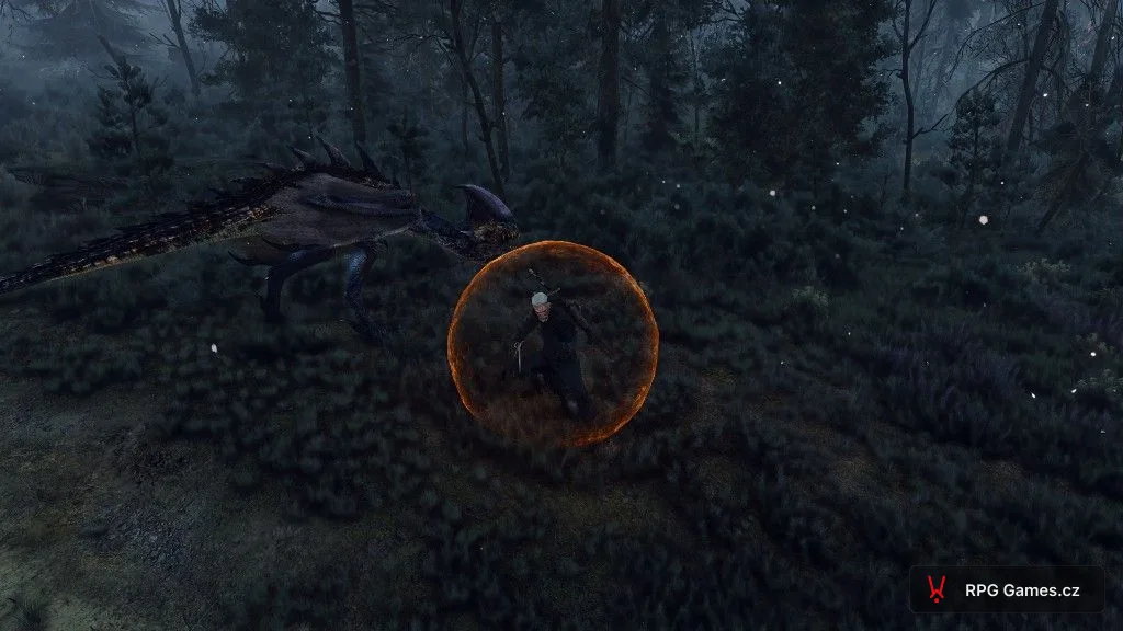 Geralt s Quenem proti vidlohonovi v temném lese — oranžový štít, křídla příšery, Zaklínač 3