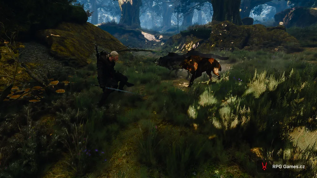 Geralt obklíčen smečkou vlků v lese — alfa v čele, další vlci útočí z boku, stříbrný meč v ruce, Zaklínač 3