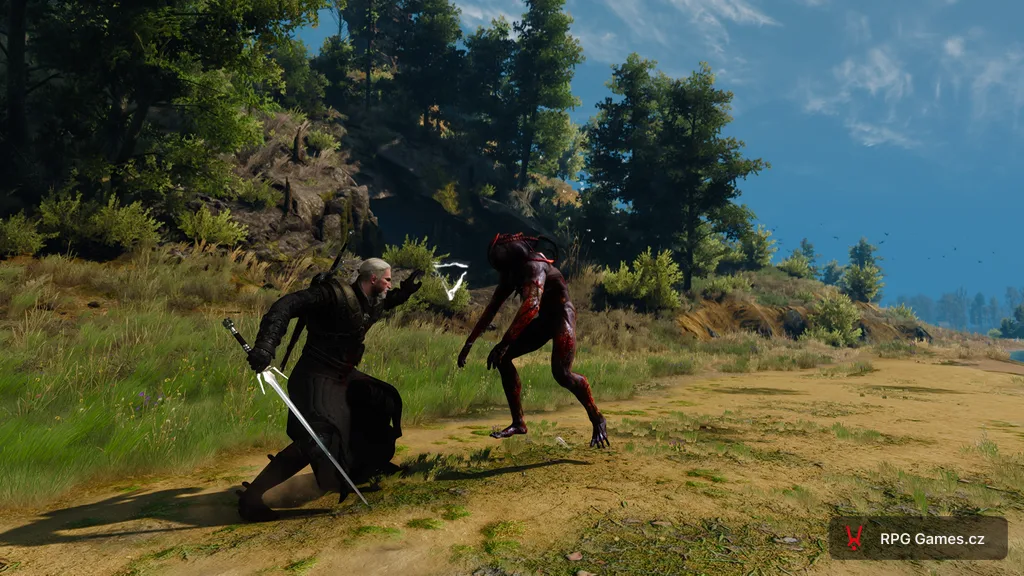 Geralt sesílá znamení Axii na příšeru ve hře Zaklínač 3 — bílé znamení ve vzduchu